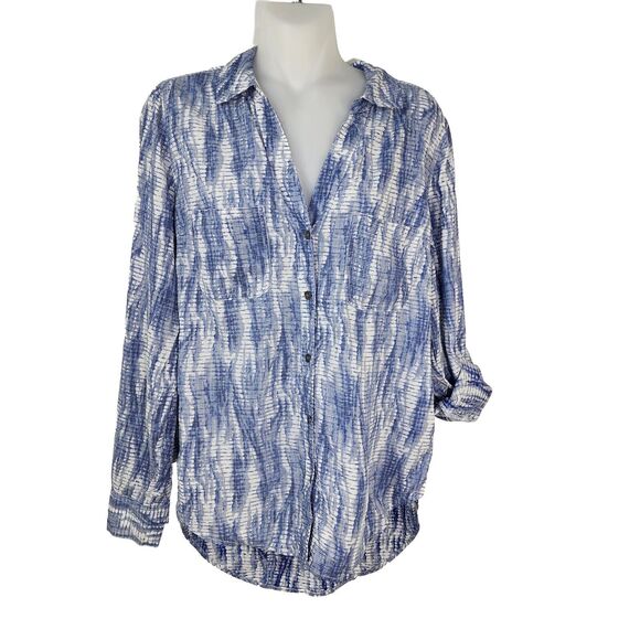 Rock & Republic Womens Tunic Top Medium Blue Button Long Roll Tab Sleeve Printed - Picture 1 of 8